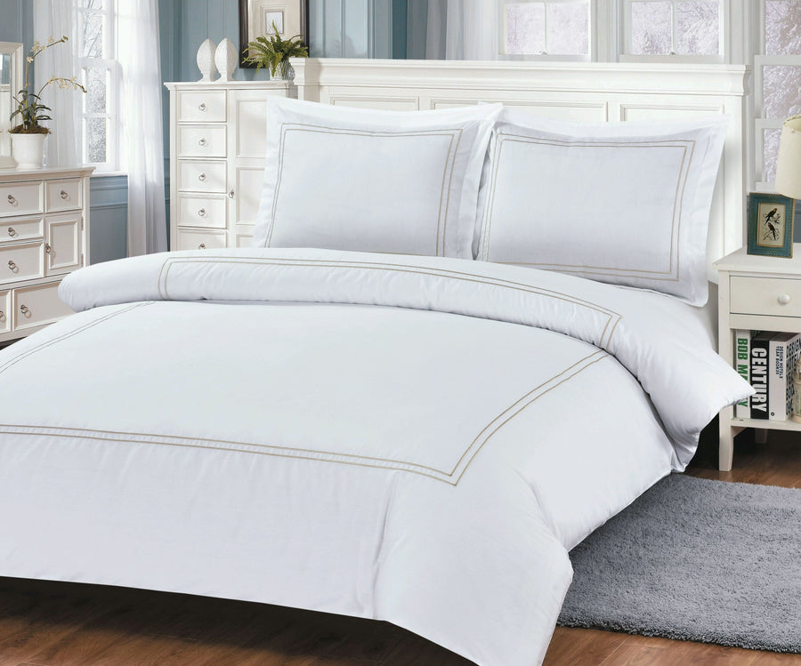 Violet Linen Hotel Collection 8-Piece Duvet Set — White with Tan Stitched Frame