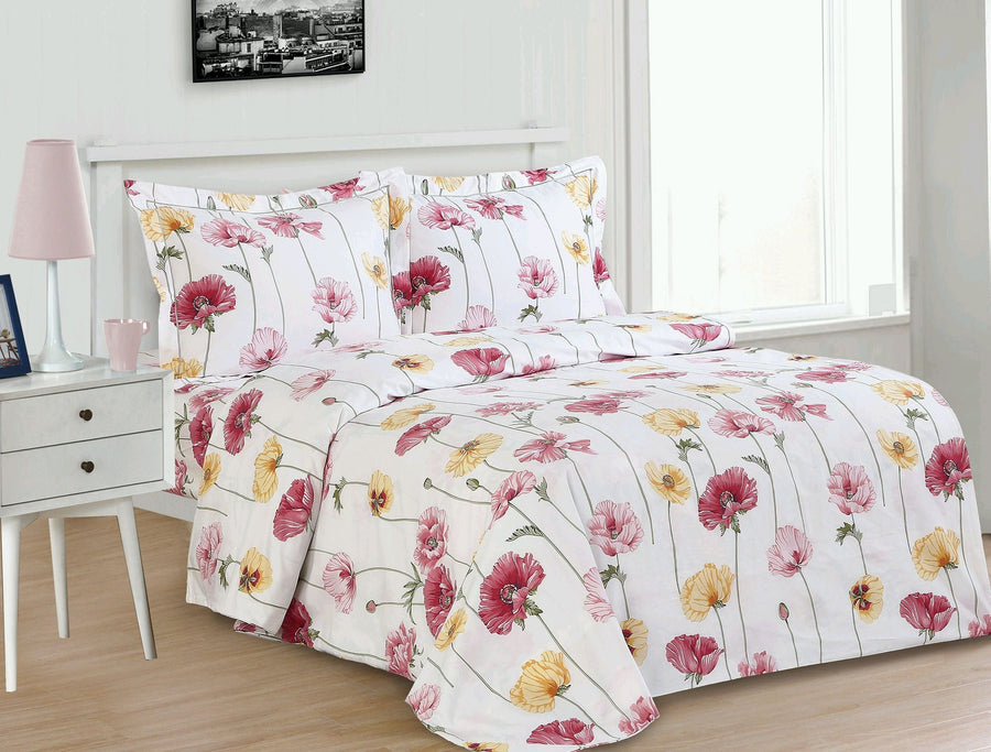 Violet Linen French Roses 6-Piece Cotton Duvet Set — White with Red & Yellow Blooms