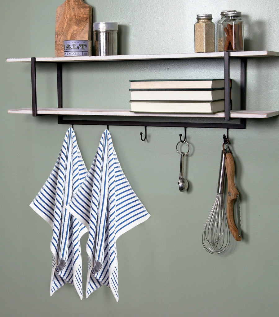 White dishtowels with woven blue chain stripes