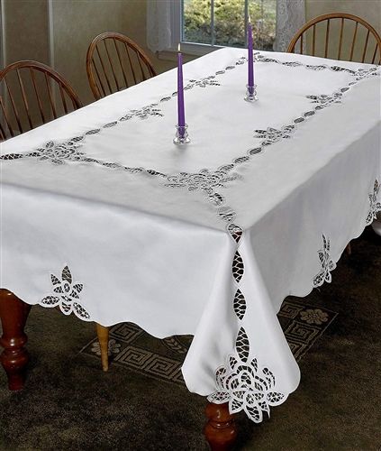 Violet Linen Battenburg Lace Cutwork Tablecloth — Ivory or White