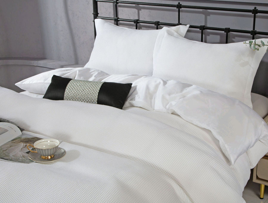 Violet Linen Waffle Weave 8-Piece Cotton Sateen Duvet Set — White, 4 Shams