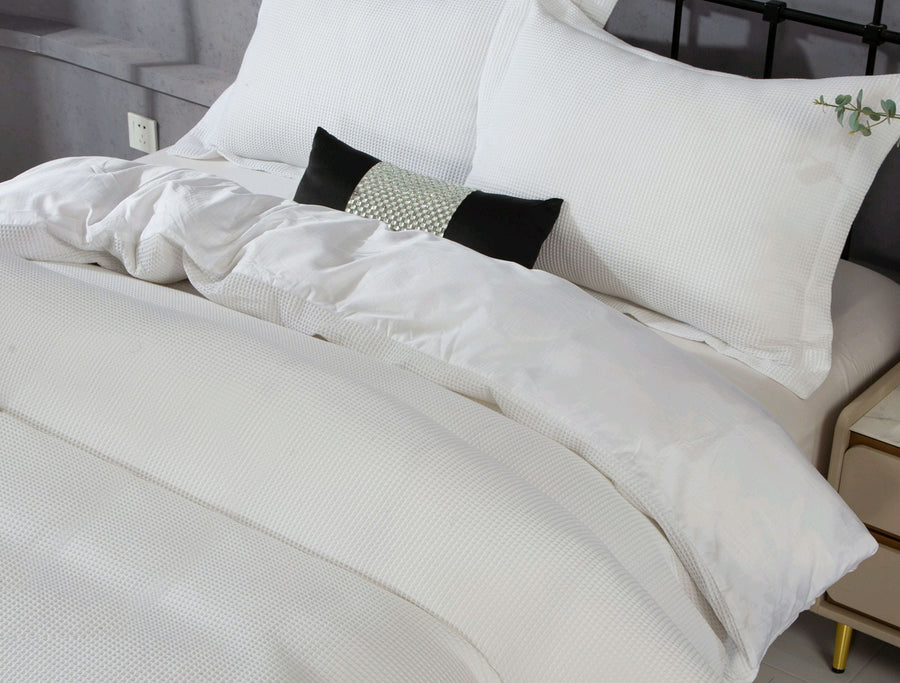 Violet Linen Waffle Weave 8-Piece Cotton Sateen Duvet Set — White, 4 Shams