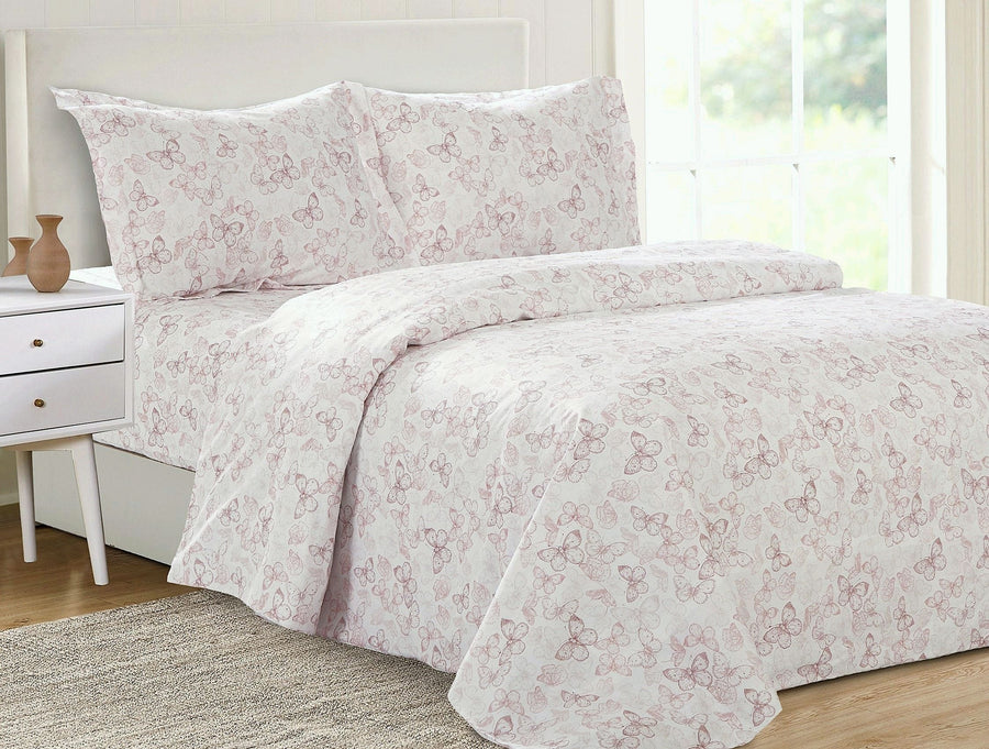 White duvet set printed with dusty-rose outlined butterflies, with matching shams