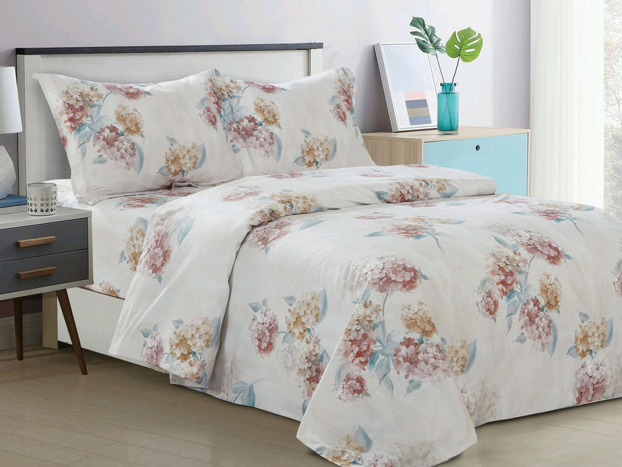 Ivory cotton duvet set printed with rose and gold hydrangea blooms and matching shams