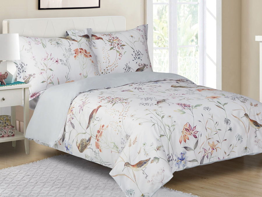Violet Linen French Meadow 8-Piece Cotton Sateen Duvet Set — White with Birds & Wildflowers