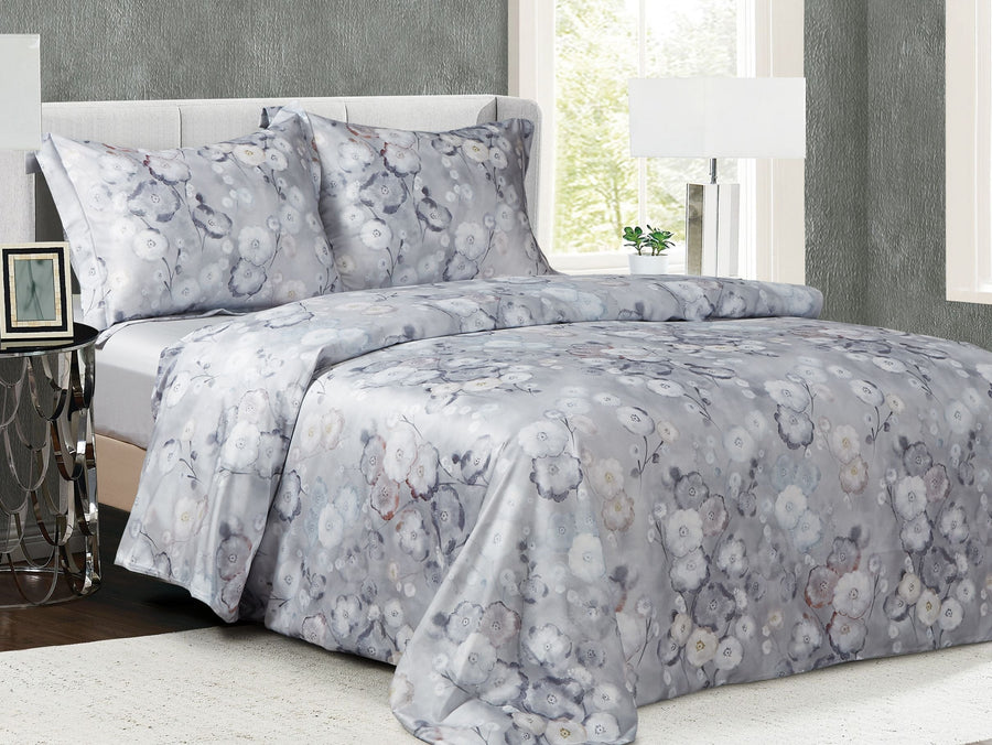 Grey 300-thread-count cotton sateen duvet set with soft watercolour poppy blooms and matching shams