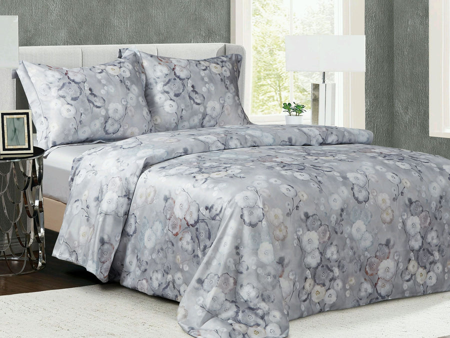 Violet Linen Winter Forest Grey Watercolour Floral 8-Piece Cotton Sateen Duvet Set — Grey