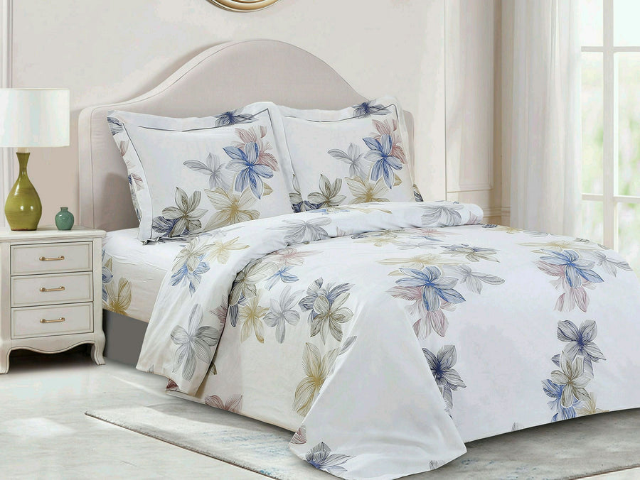 Violet Linen French Floral Watercolour Duvet Set — White, 100% Cotton, 6 Piece