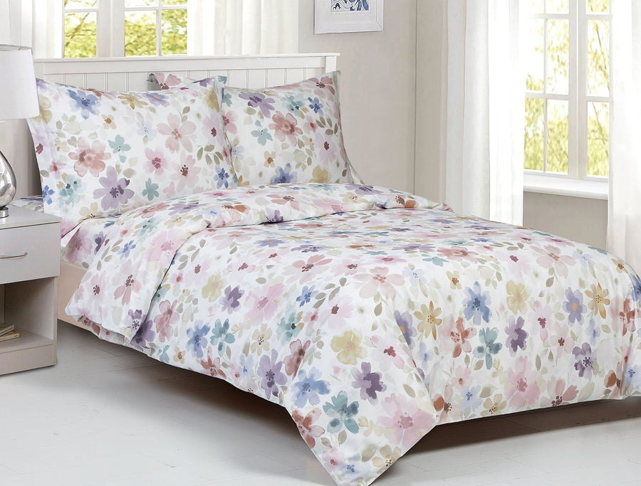 Violet Linen French Vintage Watercolour Floral Duvet Set — 100% Cotton, 6 Piece