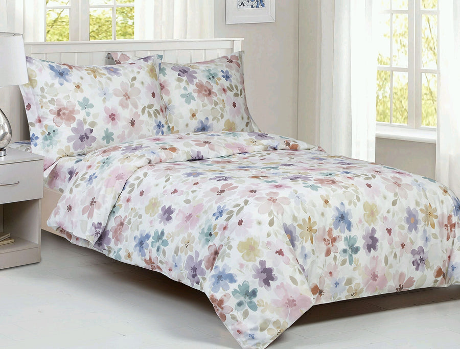 Violet Linen French Vintage Watercolour Floral Duvet Set — 100% Cotton, 6 Piece