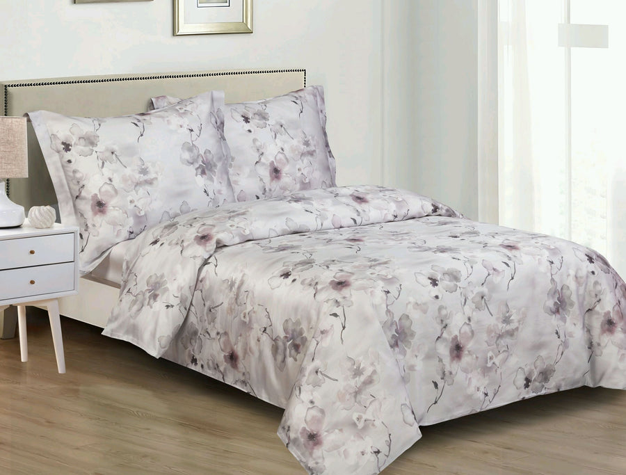 Grey 300-thread-count cotton sateen duvet set with mauve watercolour blossoms and matching shams