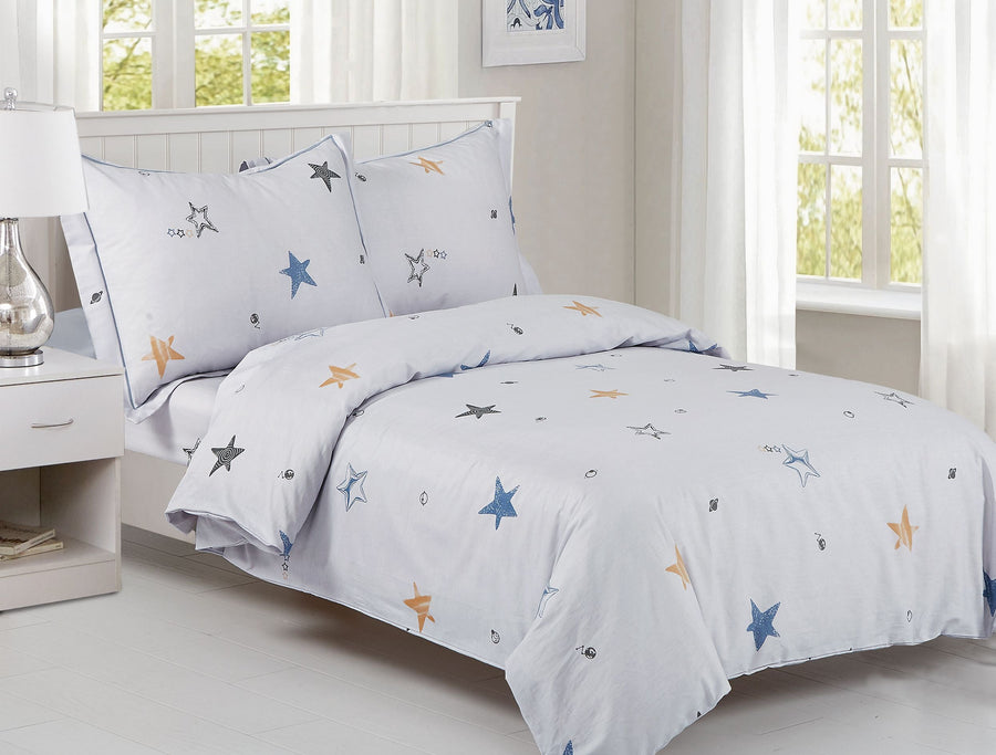 Pale grey kids' cotton duvet set with drawn stars in blue and gold and small space doodles