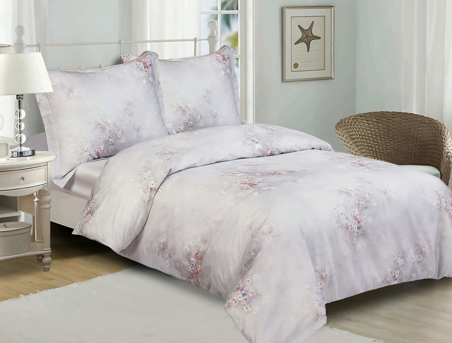 Violet Linen Bouquet Watercolour Floral 8-Piece Cotton Sateen Duvet Set — Lilac Grey