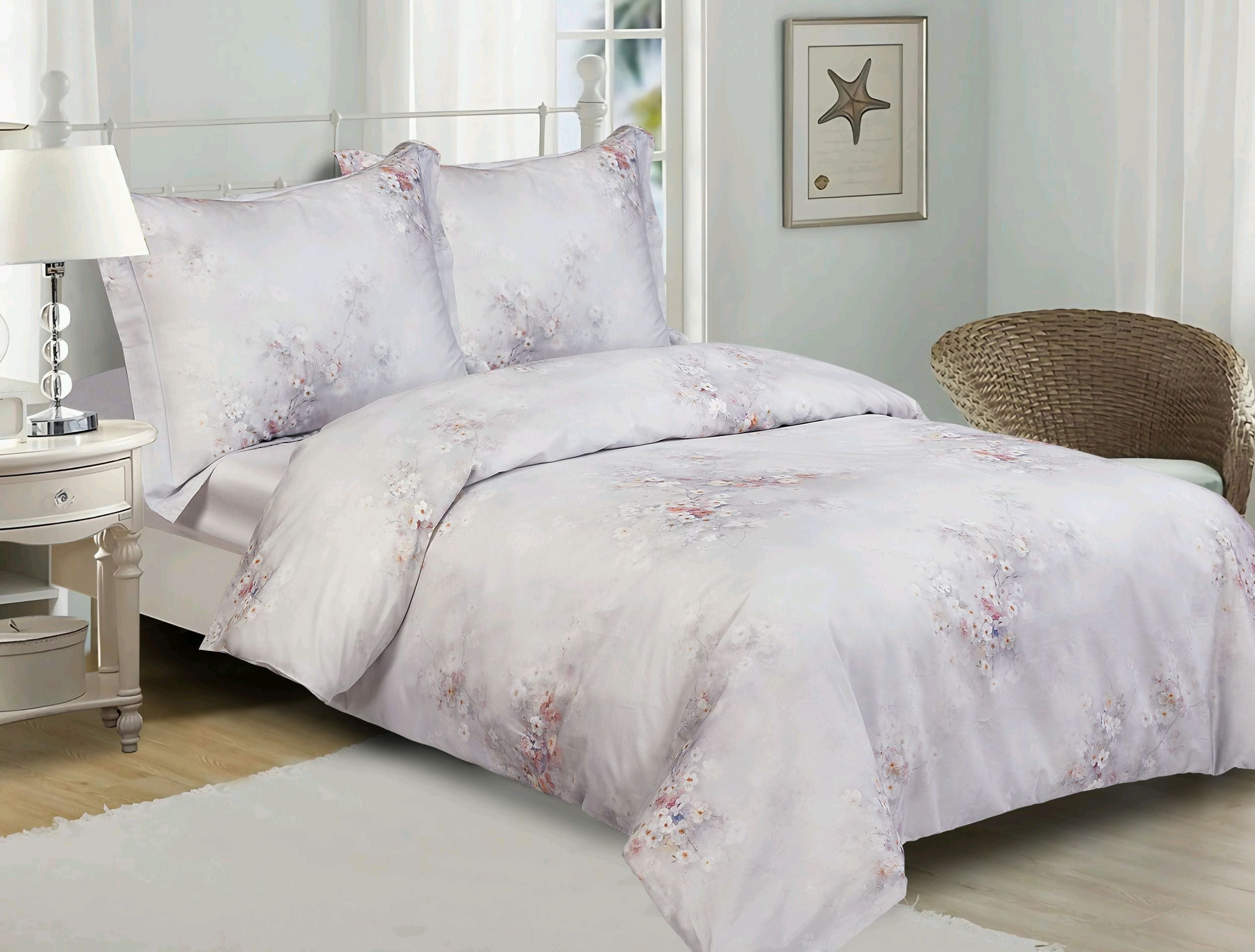 Lilac-grey cotton sateen duvet set with soft watercolour floral bouquets and matching shams