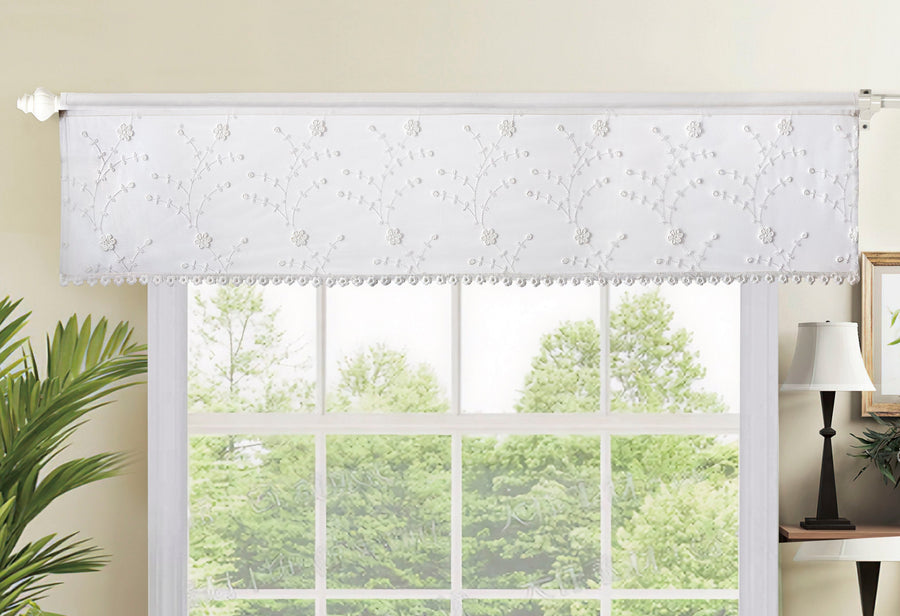 Violet Linen Floral Vines Embroidered Sheer Window Set — Kitchen Curtain & Valance, Gold or White