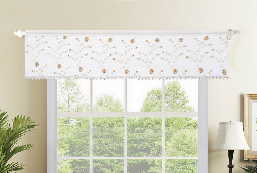 Violet Linen Floral Vines Embroidered Sheer Window Set — Kitchen Curtain & Valance, Gold or White
