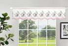 White sheer valance embroidered with wine-red grape clusters and green leaves, with a scalloped wine border