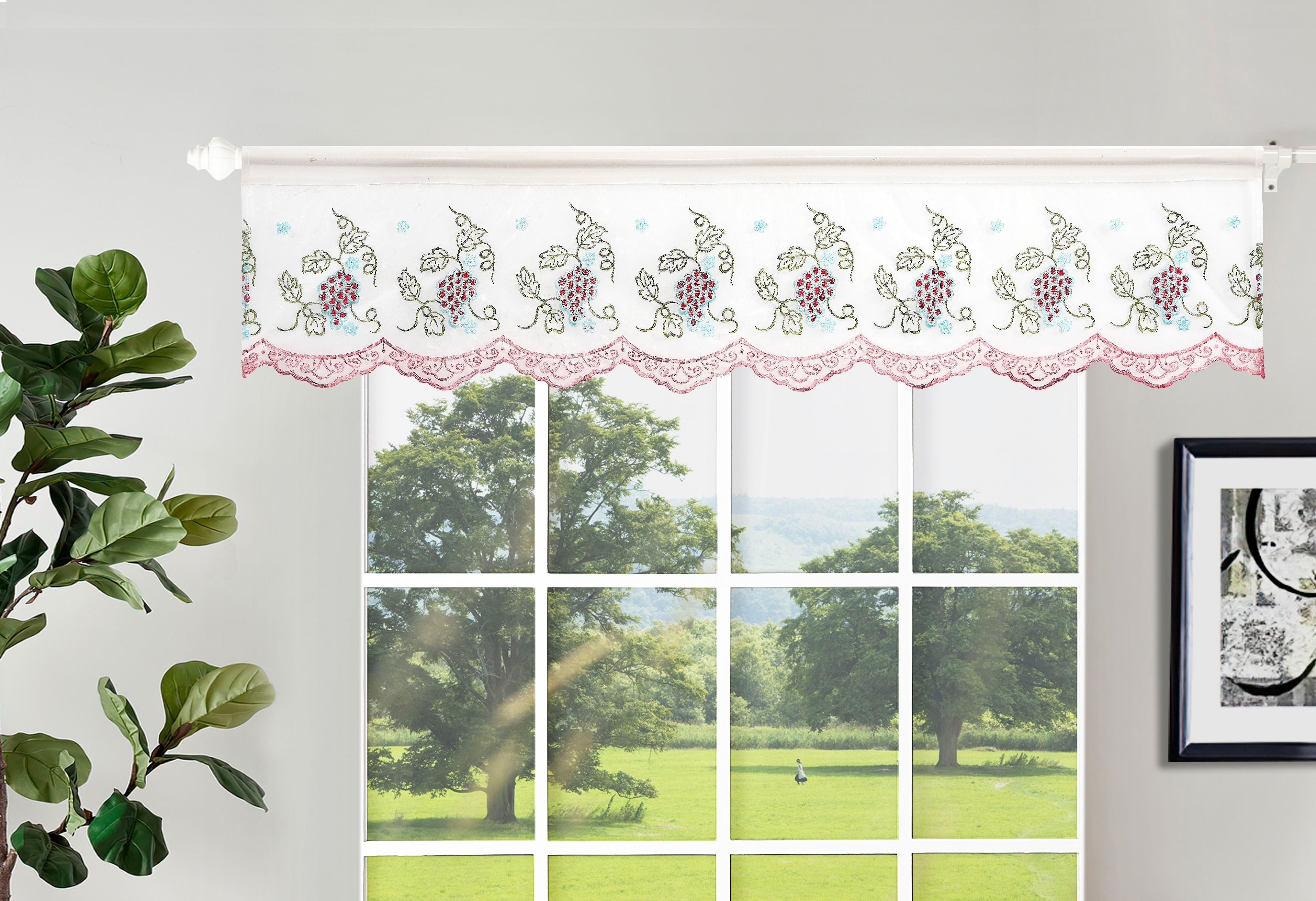 White sheer valance embroidered with wine-red grape clusters and green leaves, with a scalloped wine border