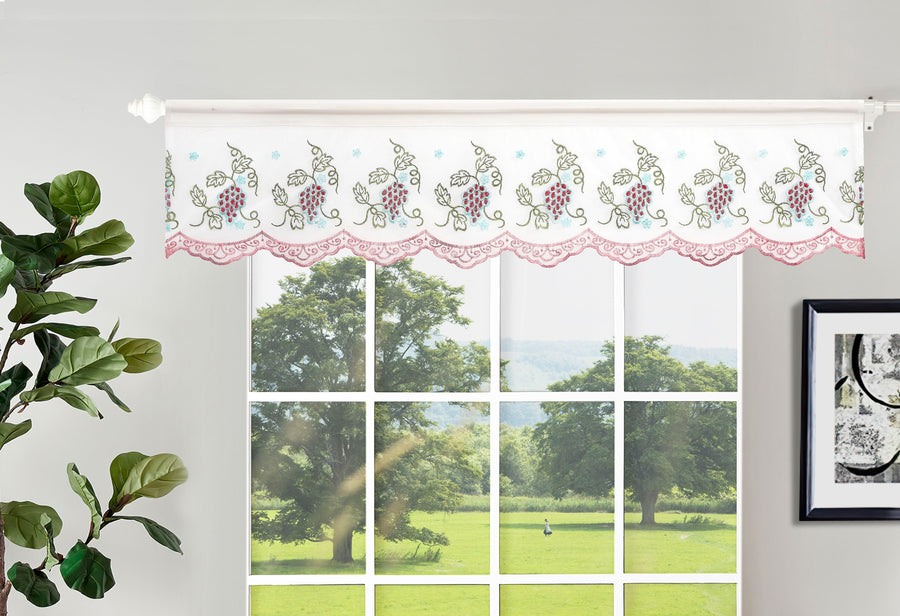 White sheer valance embroidered with wine-red grape clusters and green leaves, with a scalloped wine border