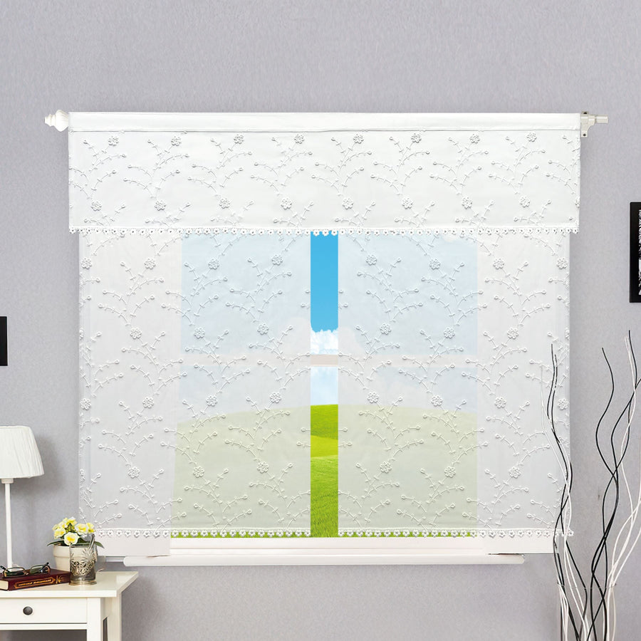 Violet Linen Floral Vines Embroidered Sheer Window Set — Kitchen Curtain & Valance, Gold or White