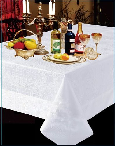 Violet Linen Crocodile Damask Tablecloth — Ivory, Gold & Platinum