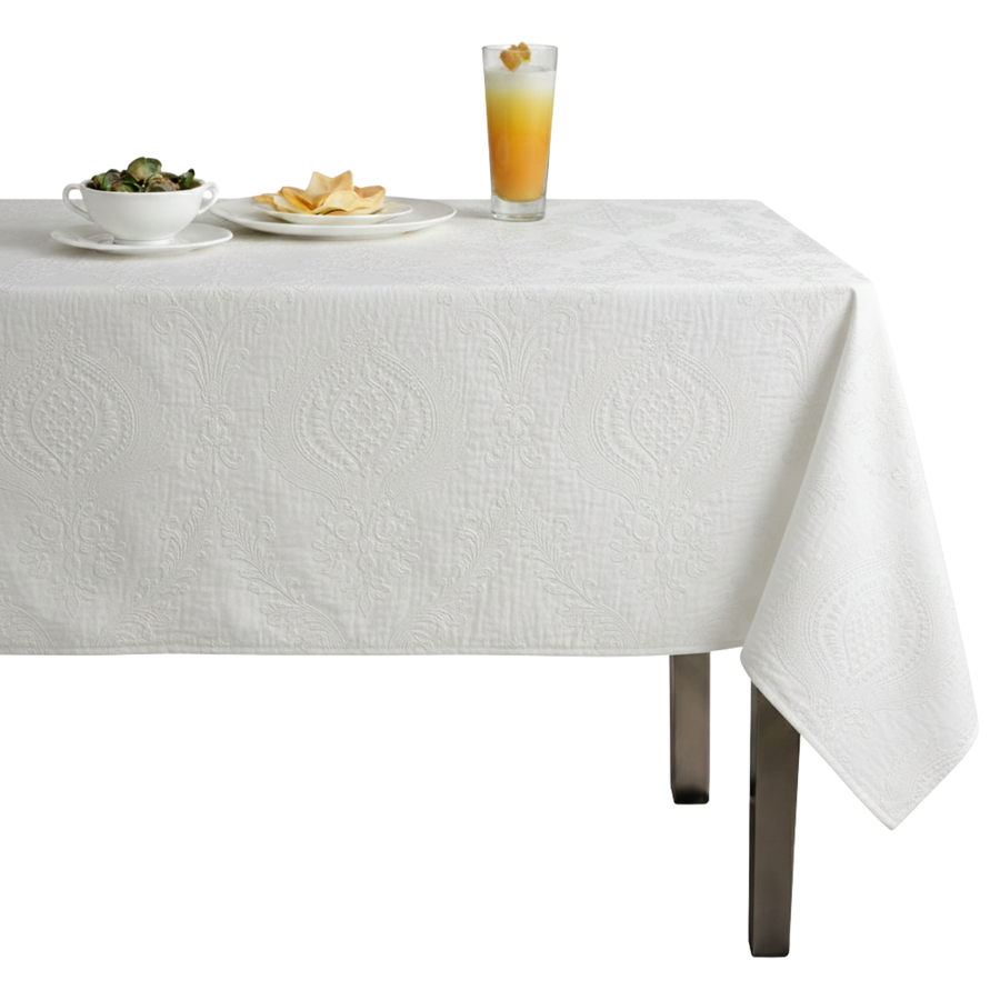 Treasure Jacquard Quilted Look Tablecloth – White