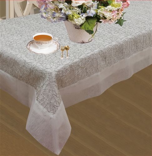Violet Linen Crown Swirl Organza Tablecloth — Ivory & White