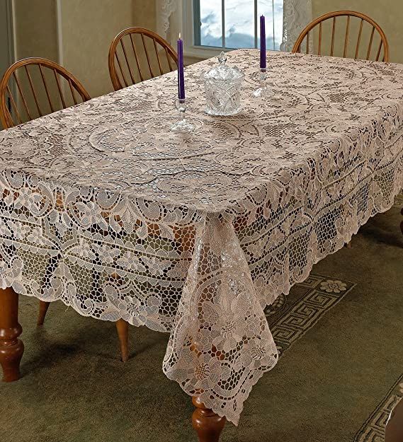 Ivory guipure lace tablecloth with dense floral medallions and a deep scalloped openwork border