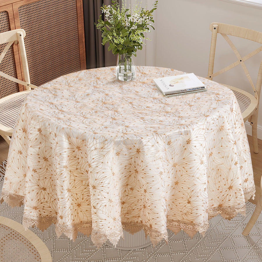 Violet Linen Dainty Floral Tablecloth — Ivory or White with Lace Border