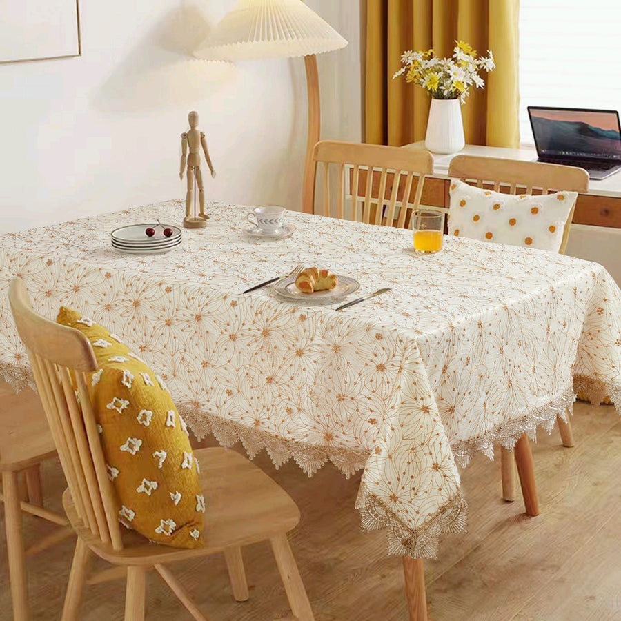 Violet Linen Dainty Floral Tablecloth — Ivory or White with Lace Border