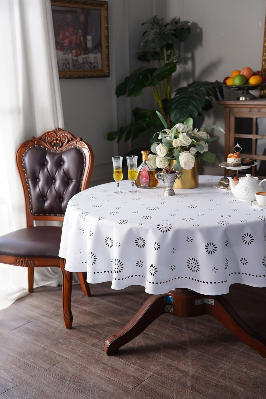 Violet Linen Daisy Cutwork Tablecloth — Ivory or White