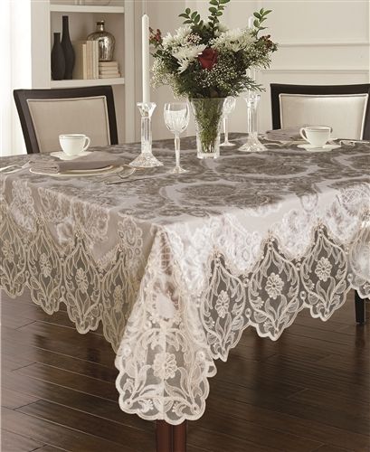 Violet Linen Deluxe Taupe Lace Tablecloth — Taupe, Scalloped Border