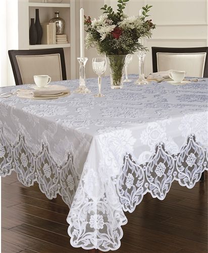 Violet Linen Deluxe White Lace Tablecloth — Floral Damask with Scalloped Border