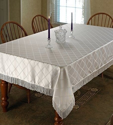 Violet Linen Diamond Damask Tablecloth — White or Beige with Fringe