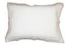 Solid white pillow with a wide flat border and crochet lace edging