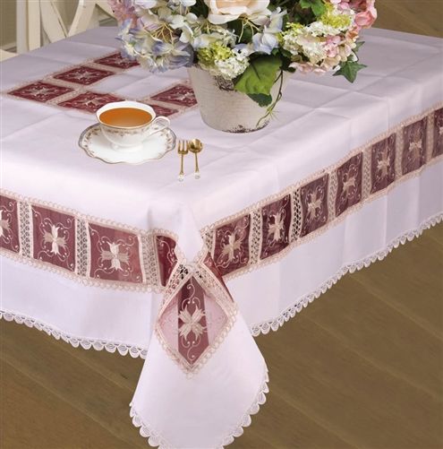 Violet Linen Emerald Lace-Panel Tablecloth — Burgundy & Ivory