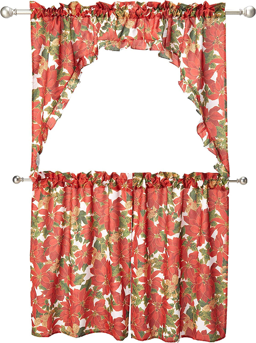 Violet Linen Decorative Christmas Printed Poinsettia Floral Decorative Window Treatment Rod Pocket Kitchen Window Curtain Panel Tiers and Swag Valance