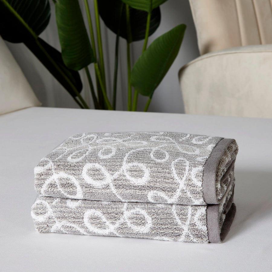 Violet Linen Scroll Grey Pattern Hand Towels Set of Two