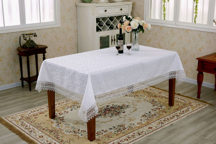 Violet Linen Flower & Bow Lace Tablecloth — Ivory or White with Fringe