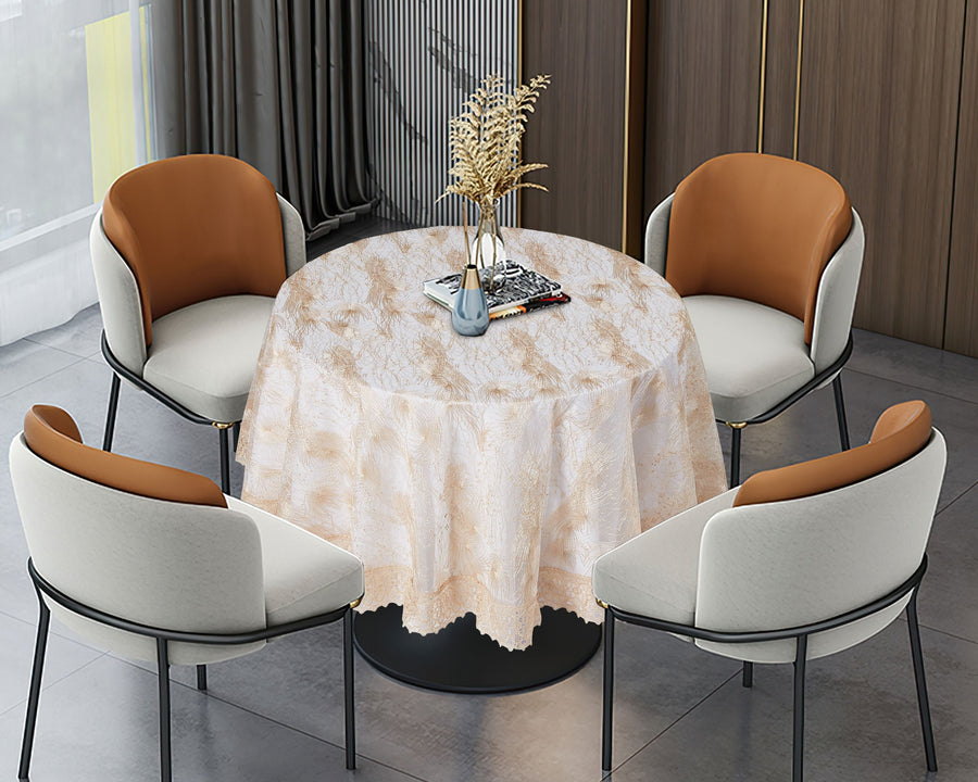 Violet Linen Fountain Damask Tablecloth — Ivory & White with Lace Edge