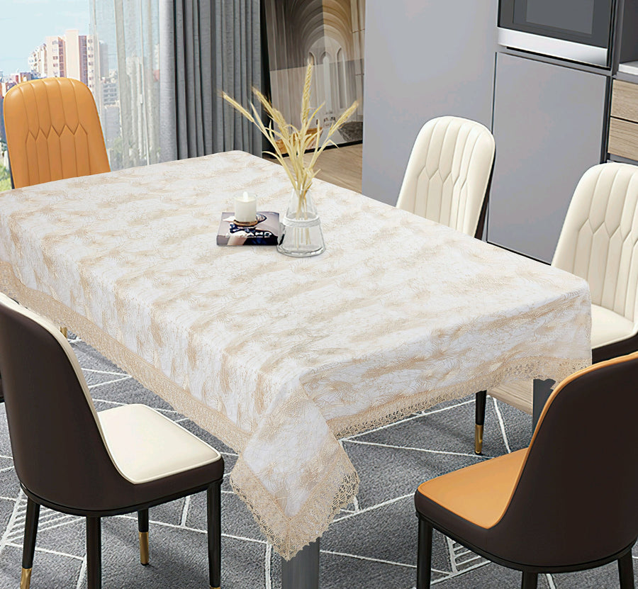 Violet Linen Fountain Damask Tablecloth — Ivory & White with Lace Edge