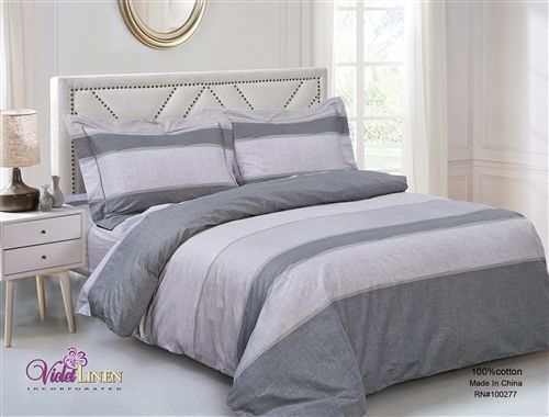 Violet Linen French Beige & Gray Stripe Duvet Set — 100% Cotton, 6 Piece