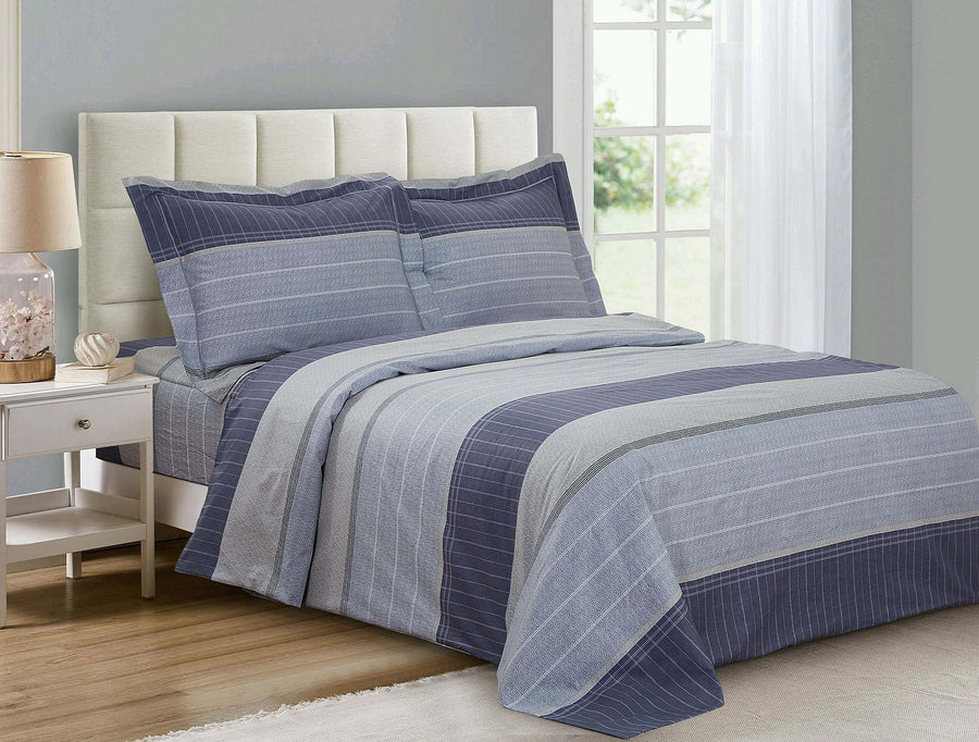 Blue vertical-stripe cotton duvet set in navy and chambray with white pinstripes, matching shams