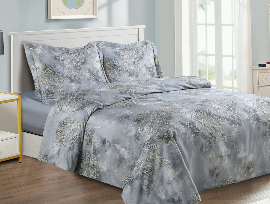 Violet Linen French Blossom 8-Piece Cotton Sateen Duvet Set — Blue-Grey with White Blossom Clusters