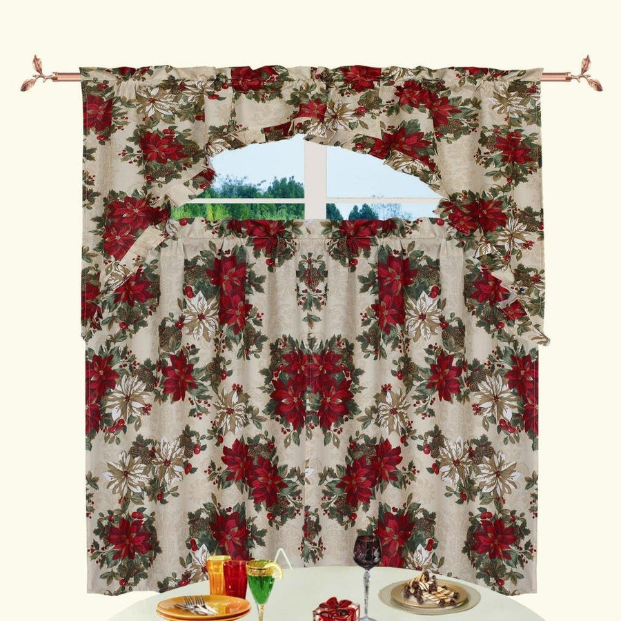 Violet Linen Decorative Christmas Printed Poinsettia Floral Decorative Window Treatment Rod Pocket Kitchen Window Curtain Panel Tiers and Swag Valance