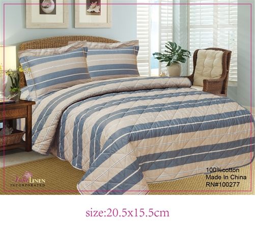Blue, tan and cream diagonally-striped cotton quilt set with matching shams
