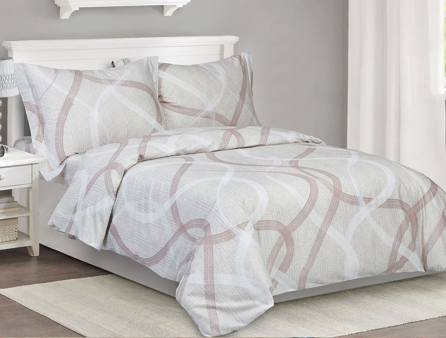 Grey cotton duvet set printed with interlocking mauve and white chain-link loops, matching shams