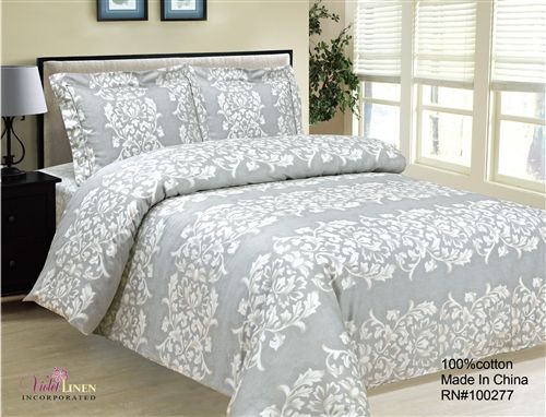 Violet Linen French Emblem Damask 8-Piece Cotton Sateen Duvet Set — Grey & White