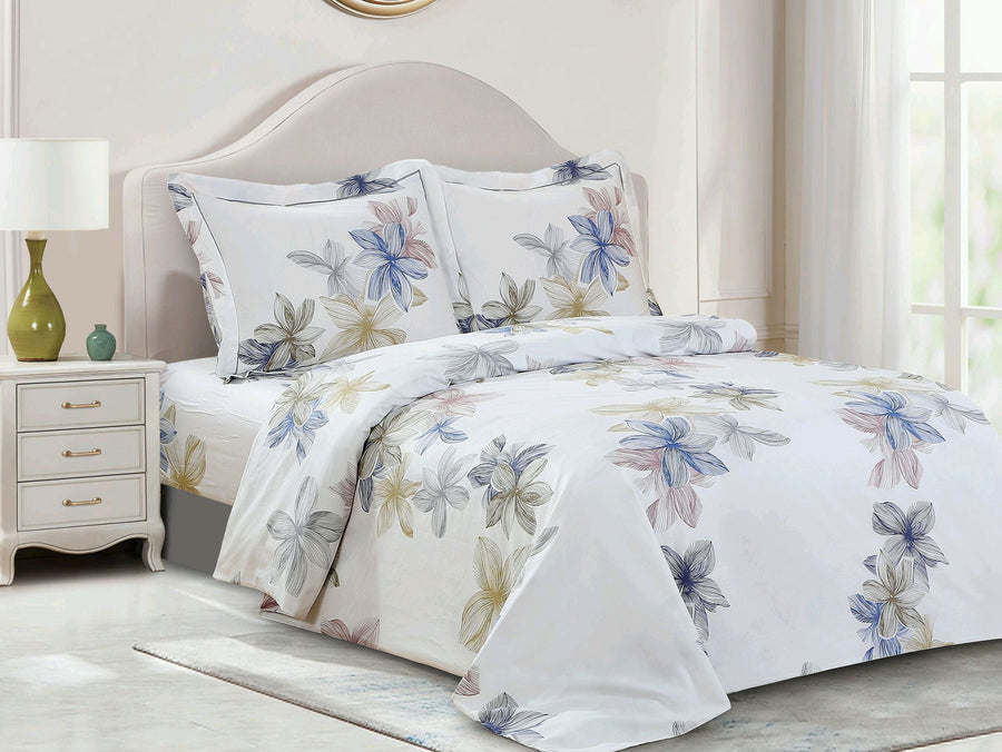 Violet Linen French Floral Watercolour Duvet Set — White, 100% Cotton, 6 Piece