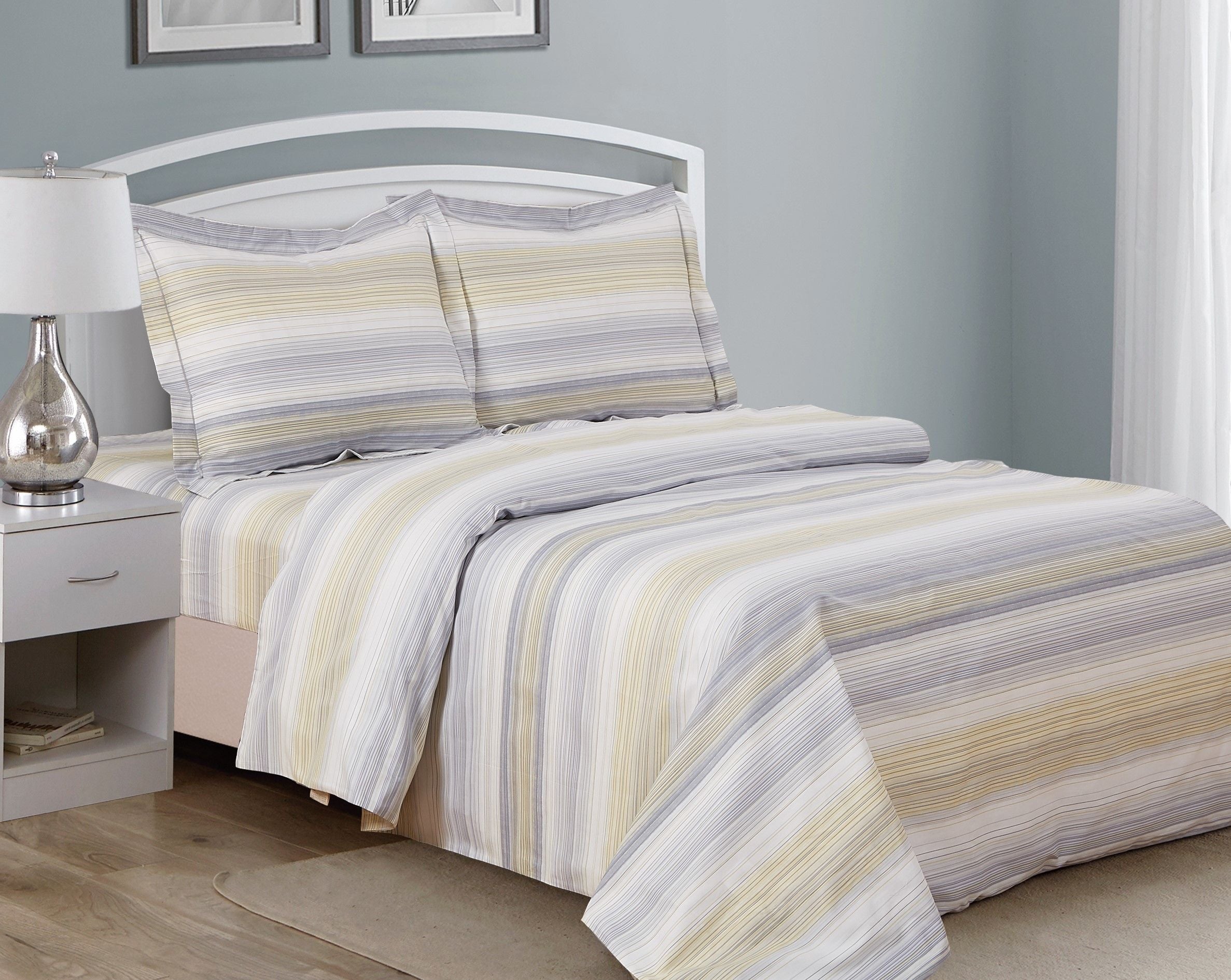 Gold, yellow and grey horizontal-stripe duvet set with two matching shams